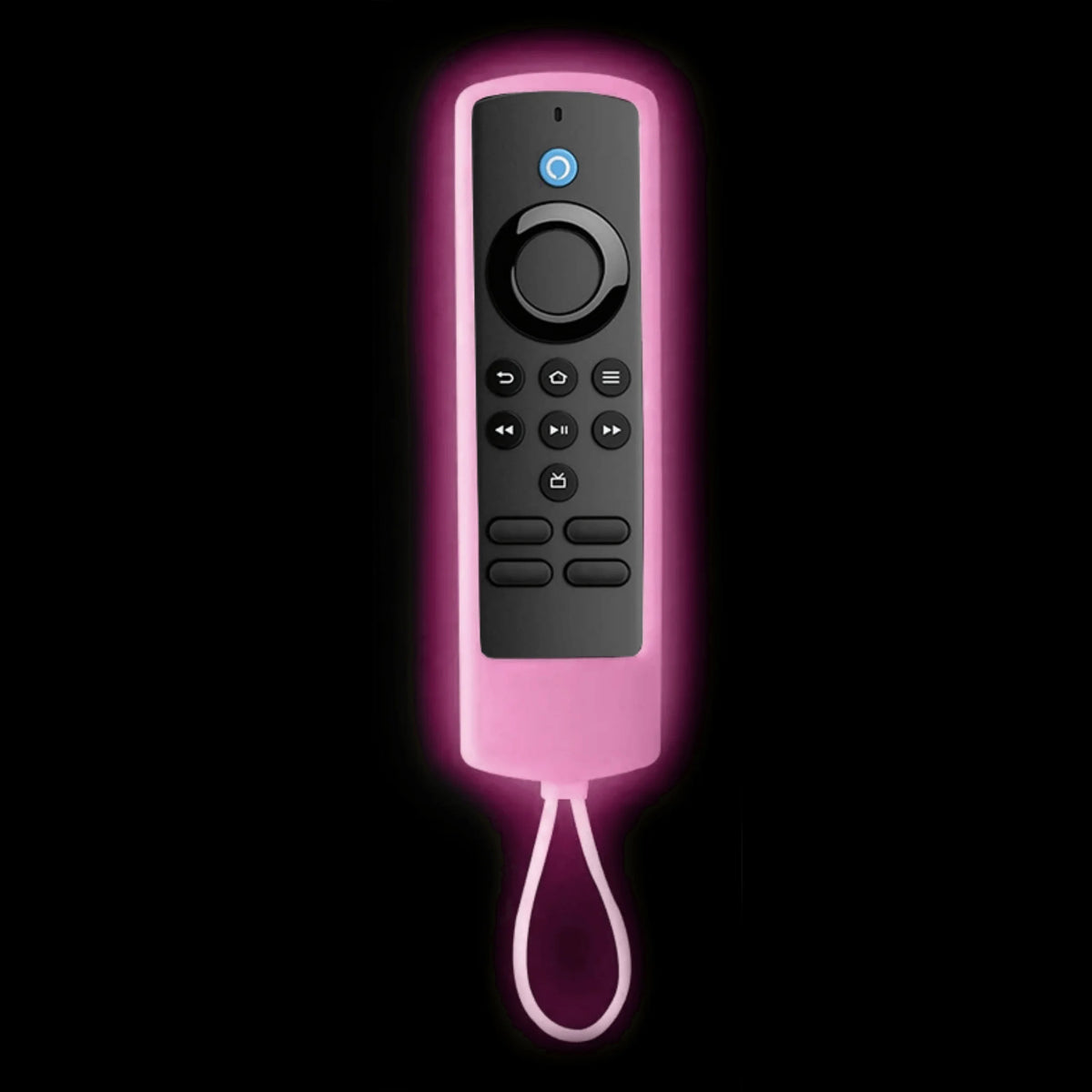 A pink glow-in-the-dark silicone remote cover for a Fire TV Stick is shown against a black background.