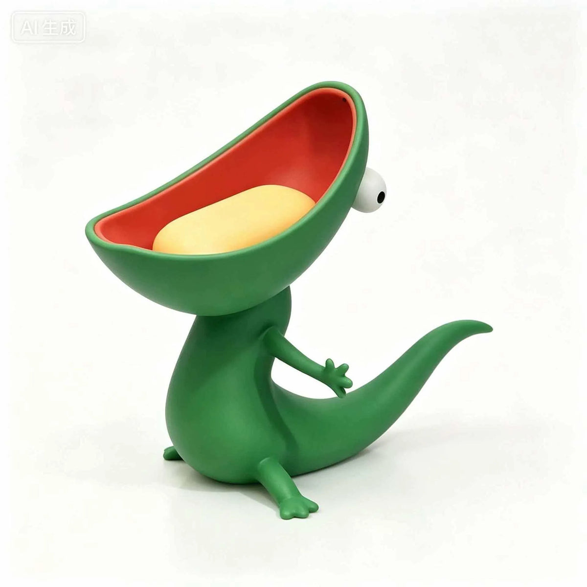 A green lizard-shaped soap holder with an open mouth design and a yellow soap bar.
