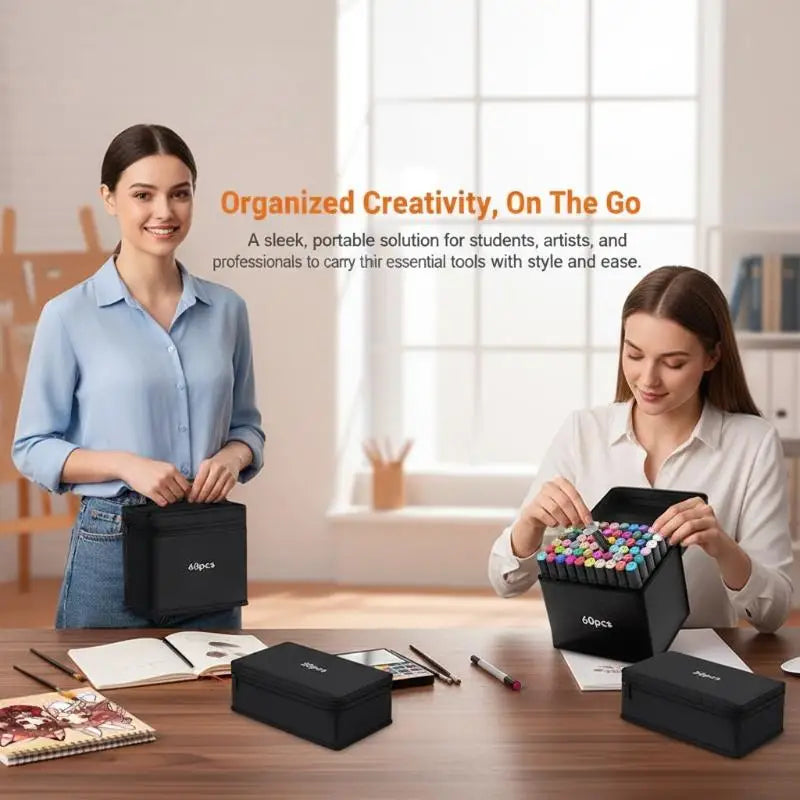A woman is shown holding a black canvas pencil bag for markers and pens on a wooden desk.