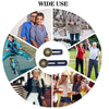 A collage showing various uses of no-sew button waist extenders, including clothing, tools, and everyday items.