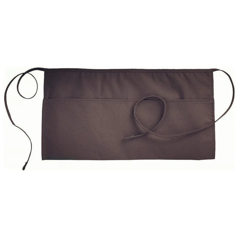 A dark brown classic waist apron with three pockets and adjustable straps.