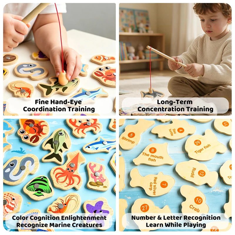 Wooden magnetic fishing toys featuring marine animals for fine hand-eye coordination and concentration training