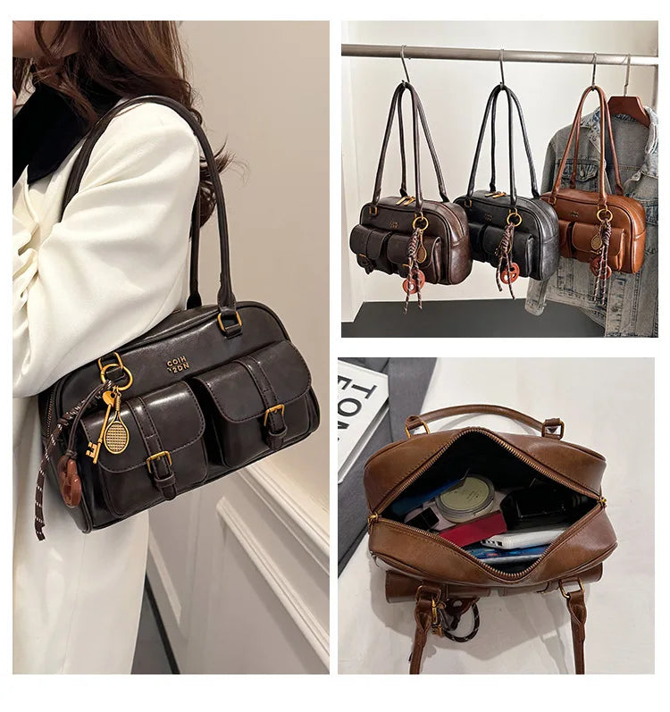 Women's Retro PU Leather Shoulder Bag with Multiple Pockets & Detachable Charm
