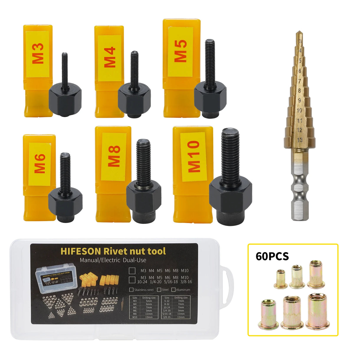 Set gelber und schwarzer manueller Rivet-Nut-Gun und eine Auswahl von 60 Rivet-Nuts.