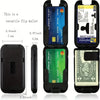Schwarzes Klapp-Wallet mit transparentem Kartenfach und Schutzhülle in verschiedenen Ansichten.