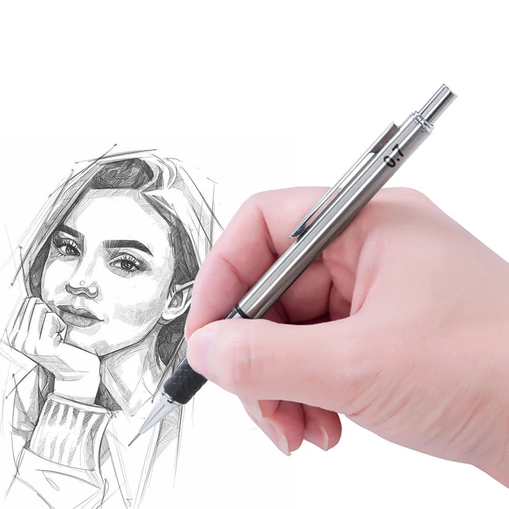 A hand holds a professional metal mechanical pencil with grip and lead set while drawing a portrait.