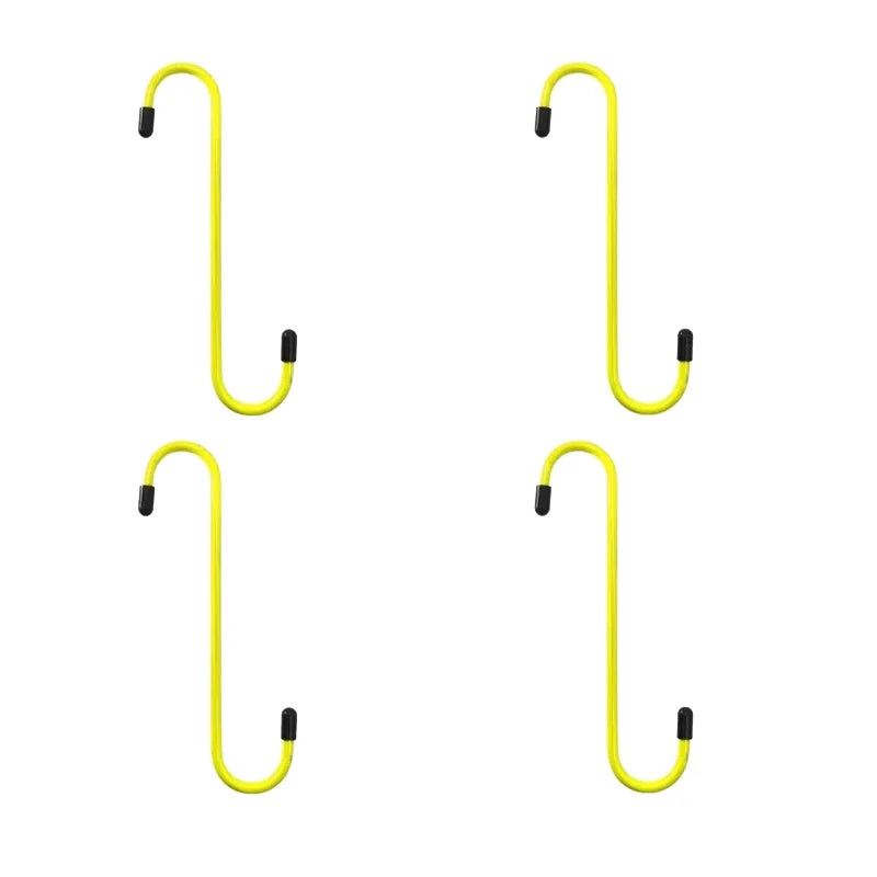 A set of five yellow S-hook brake caliper hangers for auto repair