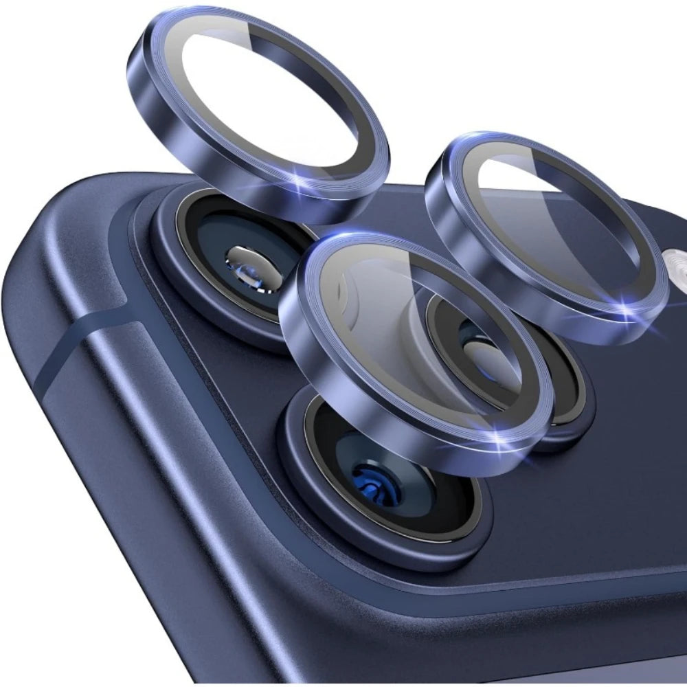A set of HD tempered glass camera lens protectors for an iPhone, shown resting on a dark blue device body.