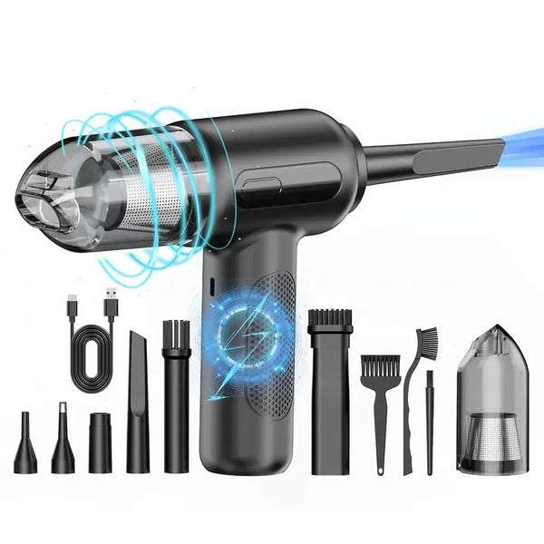 Poussoir électrique sans fil noir avec divers accessoires pour nettoyer l'électronique.
