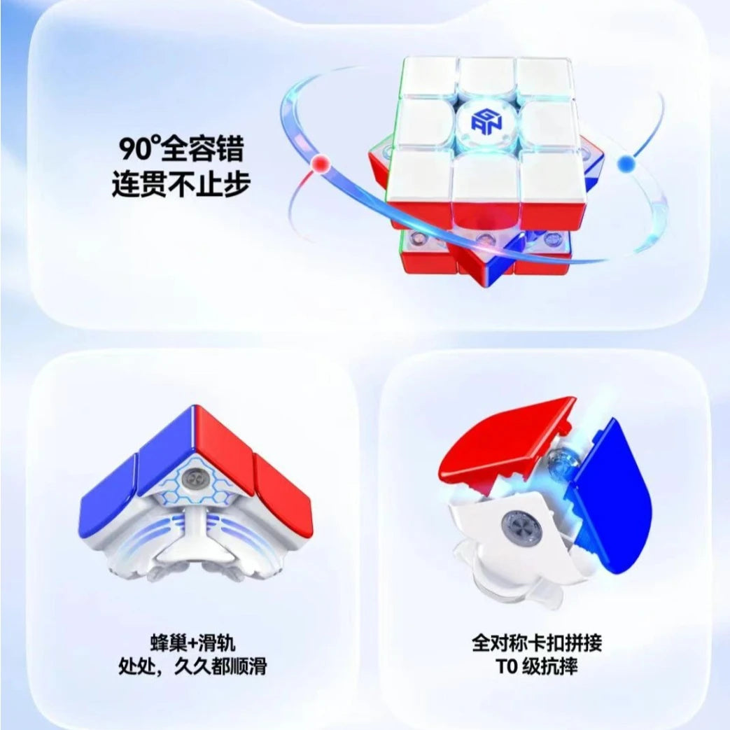 A white and red magnetic cube is shown alongside diagrams illustrating 90-degree movement, anti-slip features, and TO level r