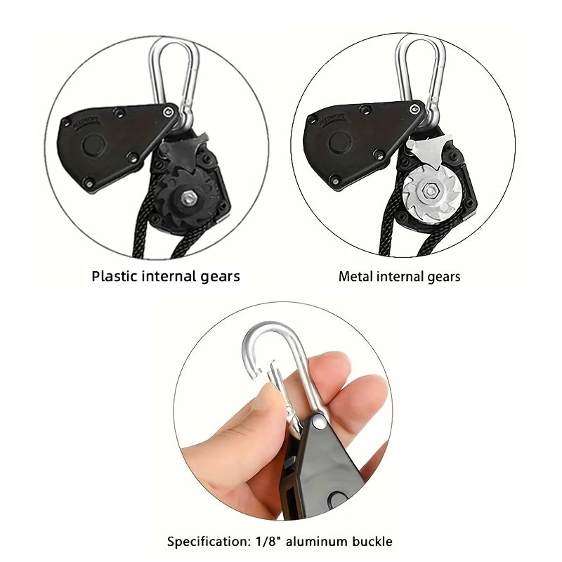 Diagrams showing plastic and metal internal gears and a specification of an aluminum buckle.