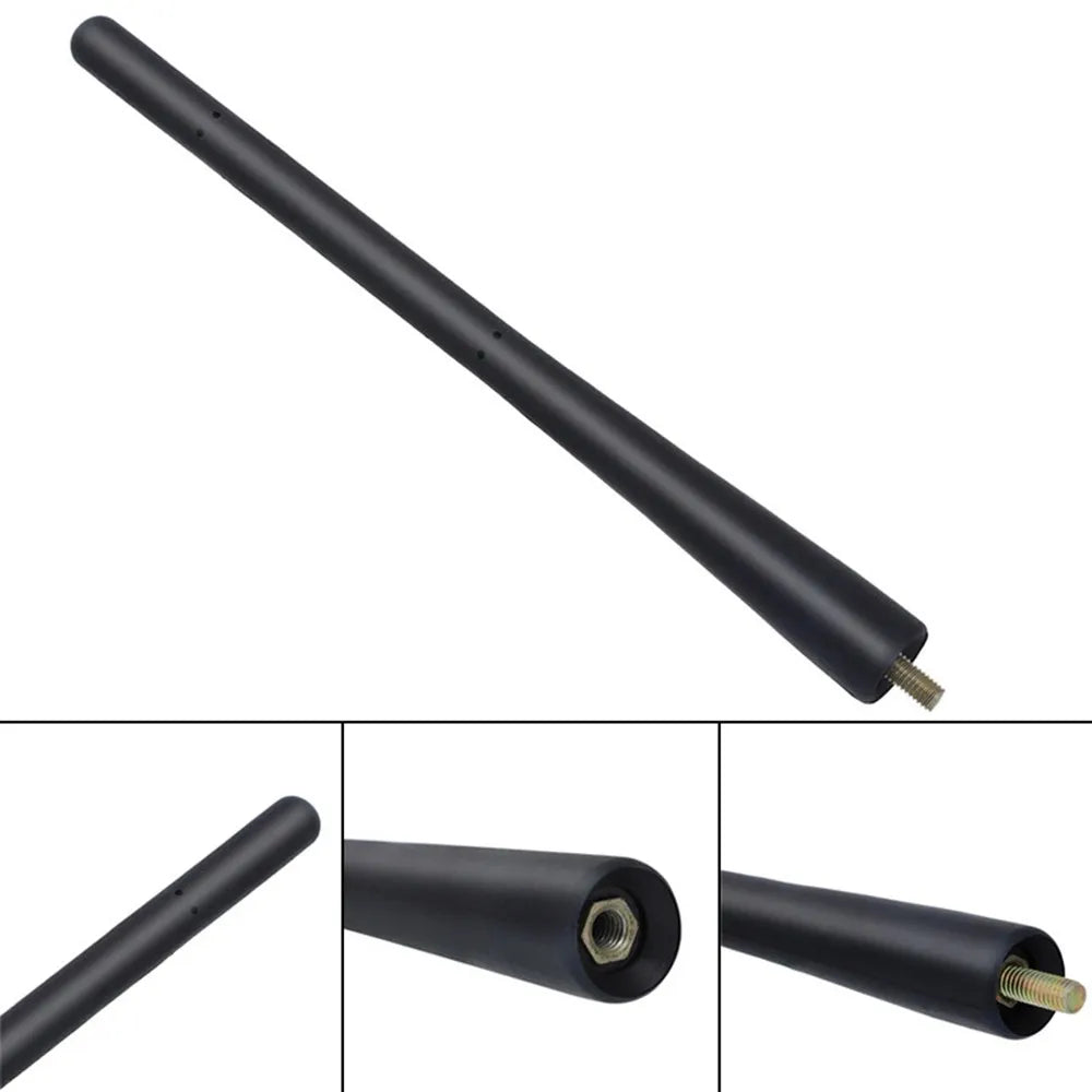 A black metal car antenna with a threaded tip.