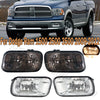 Set of four clear front bumper fog lights for Dodge Ram 1500, 2500, and 3500 trucks.