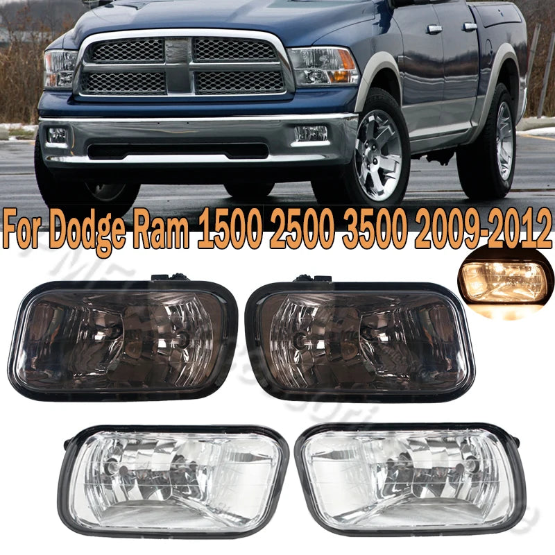 Set of four clear front bumper fog lights for Dodge Ram 1500, 2500, and 3500 trucks.