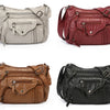 Three leather tote bags in beige, burgundy, brown, and black colors shown from the front.