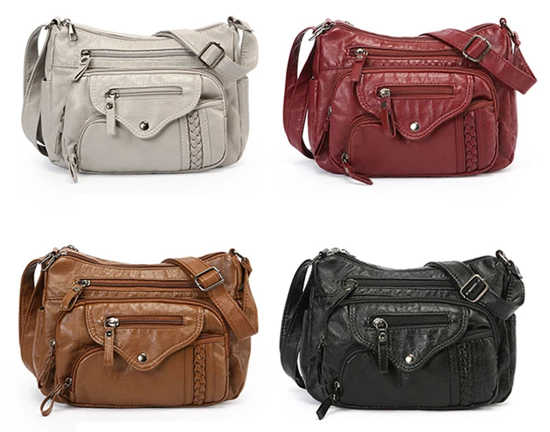 Three leather tote bags in beige, burgundy, brown, and black colors shown from the front.