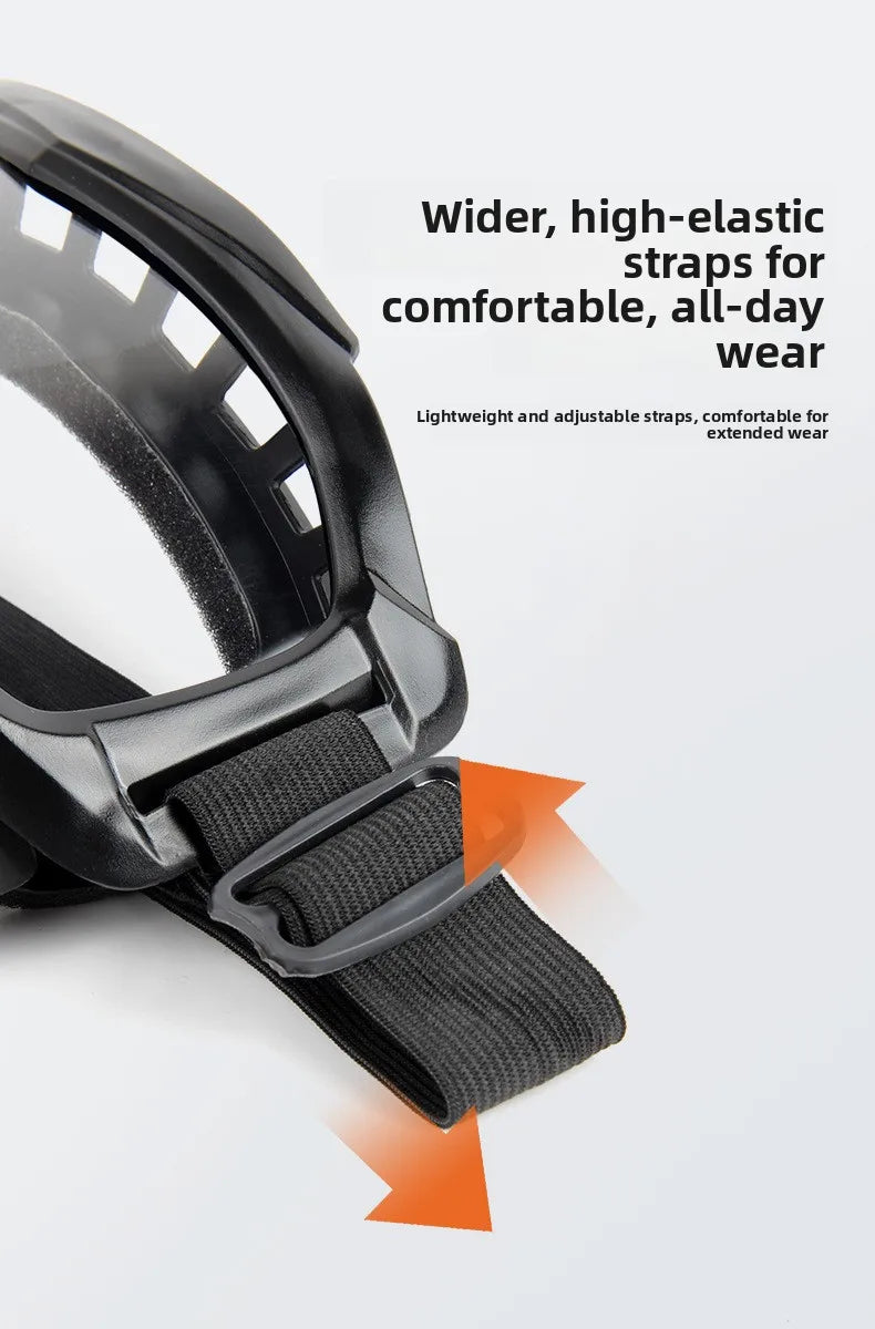 Close-up view of black anti-fog motorcycle goggles with adjustable elastic straps.