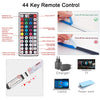 A remote control for an RGB LED strip light, showing the device and accessories like a charger and power bank.