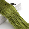 A close-up of a long, thick, olive green beaded thread curtain hanging down.