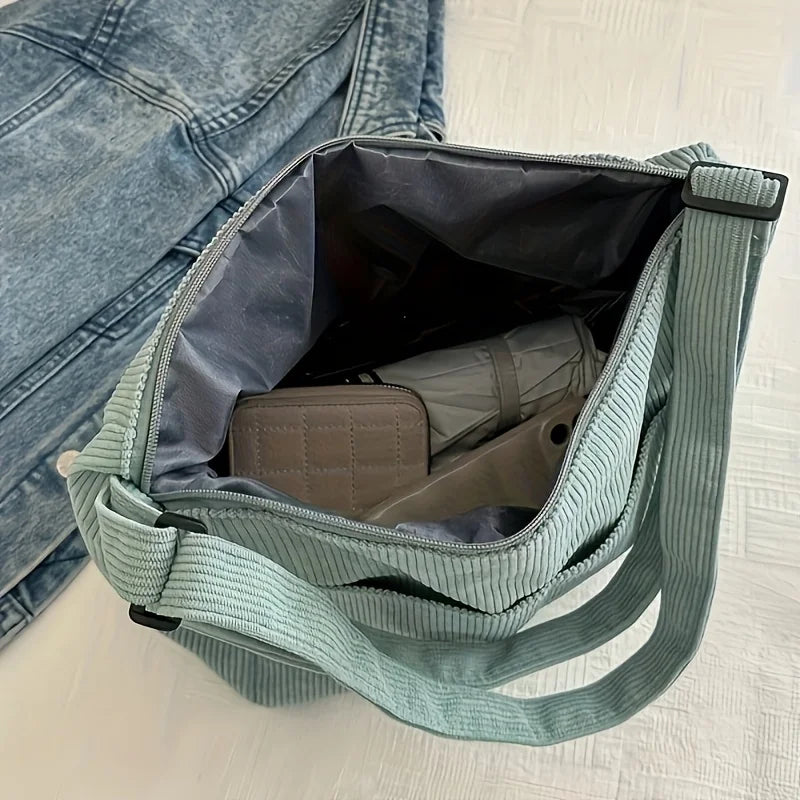 Women's Corduroy Shoulder Bag with Zipper Closure