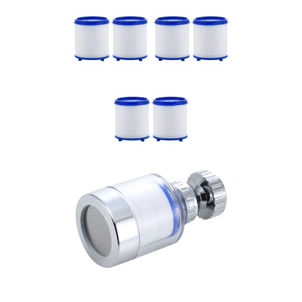 Three white and blue faucet water filter purifier cartridges and a silver metal filter head.