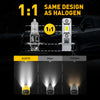 Comparison showing a 1:1 match between an Auxito LED fog light and a halogen bulb, demonstrating similar light output.