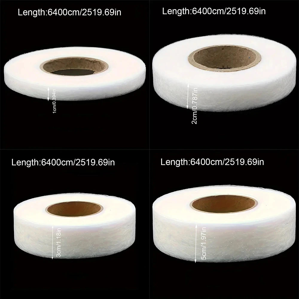 Rolls of white no-sew iron-on hem tape for instant clothing repairs shown in various widths.
