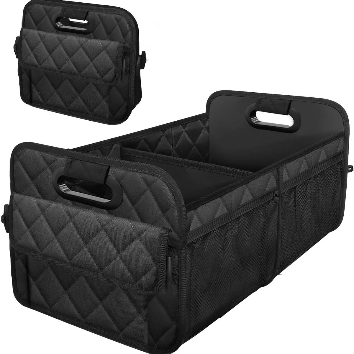 Black foldable waterproof car trunk organizer with a quilted design and six pockets.