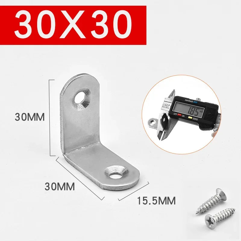 Stainless steel 30x30 angle bracket and screws shown with a digital caliper for measurement.
