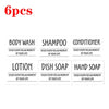 Six pieces of body wash, shampoo, conditioner, lotion, dish soap, and hand soap in a set.