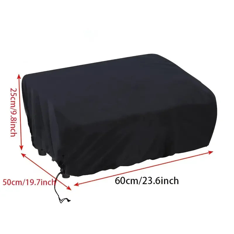 Black heavy-duty BBQ grill cover with drawstring closure shown flat.