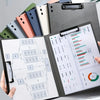A close-up of a durable A4 clip folder with various colored protective covers and an open folder displaying document layouts.