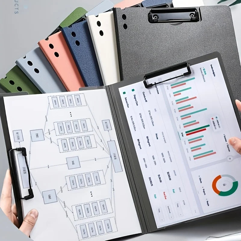 A close-up of a durable A4 clip folder with various colored protective covers and an open folder displaying document layouts.