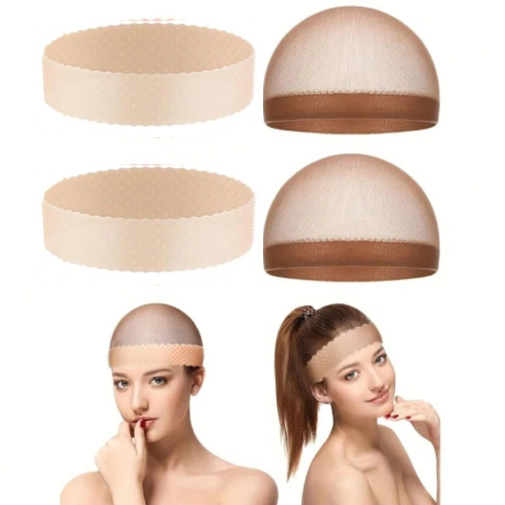 A silicone wig grip band anti-slip headband shown in various shades and worn by a model.