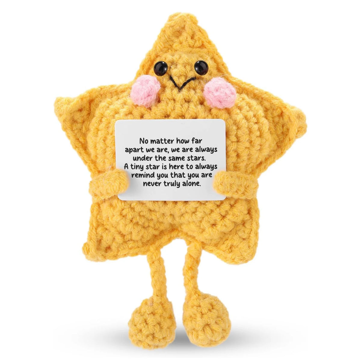 Handmade crochet hedgehog doll in yellow with pink ears and an inspirational card attached