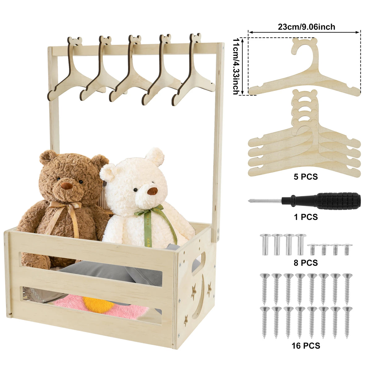 Wooden storage crate with handle for baby essentials and toys, including wood pieces and screws.