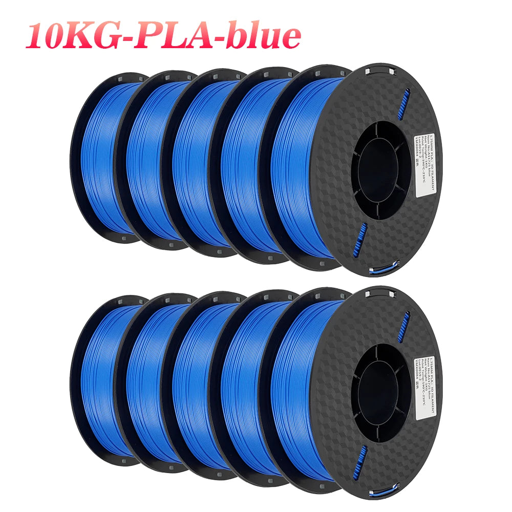 Bundle of ten blue PLA filaments for 3D printing, packaged with a disc.