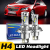 A set of H4 LED headlight bulbs and a box are displayed in front of a red car.