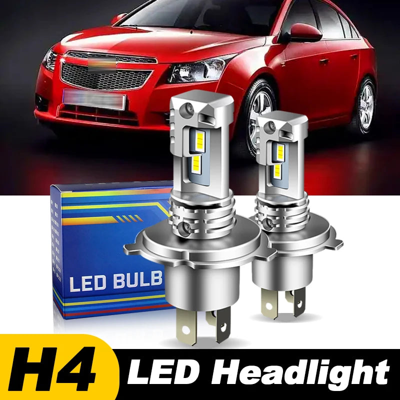 A set of H4 LED headlight bulbs and a box are displayed in front of a red car.