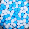 A large pile of colorful plastic balls in blue and white are shown for a ball pit.