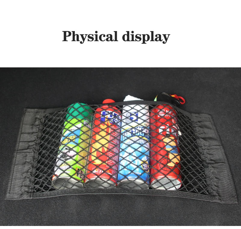 A physical display of universal car seat back organizers with elastic mesh storage.