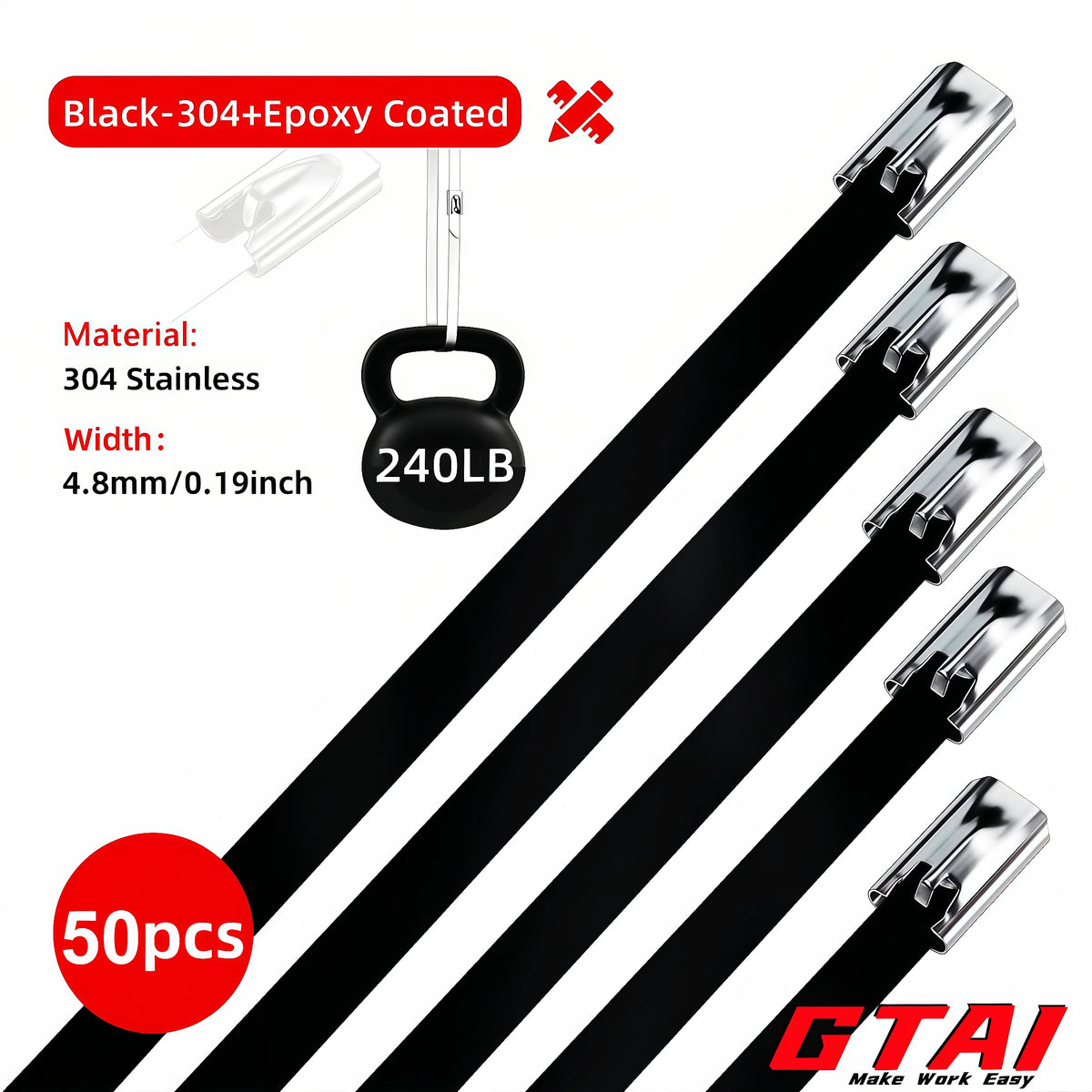 Black 304 Stainless Epoxy Coated heavy duty cable ties with a 240lb capacity shown in various lengths