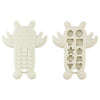 A white silicone baby teether toy shaped like a remote control, featuring various holes and buttons.