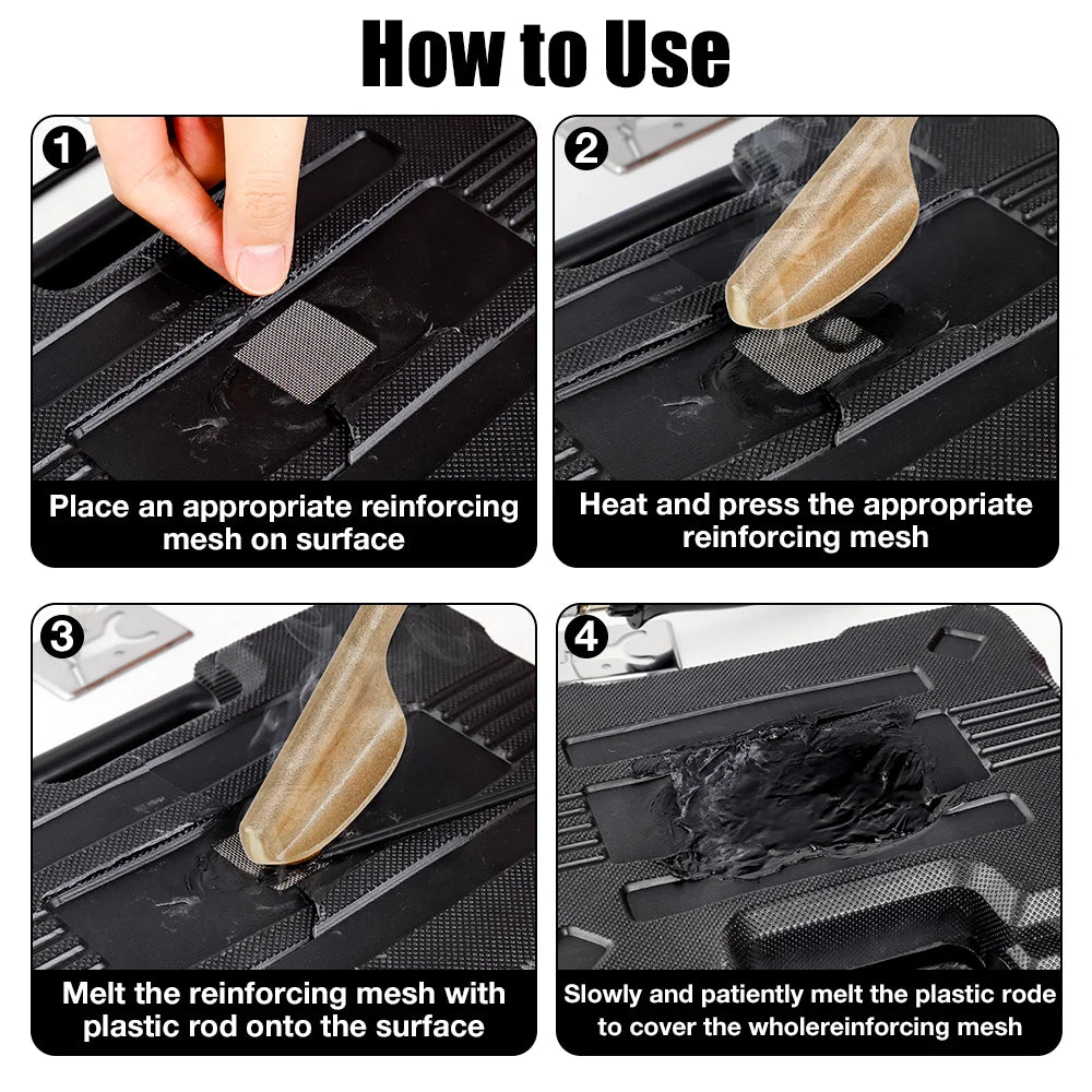 Instructions showing how to use a multifunctional hot stapler iron for reinforcing mesh on a surface.