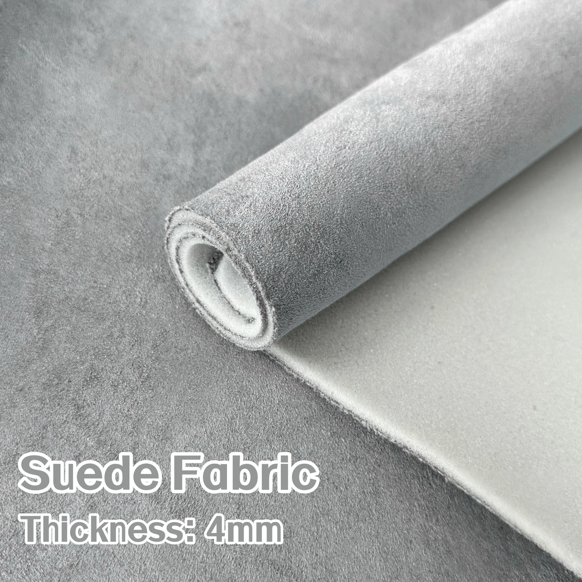 Roll of gray suede fabric with a foam backing showing the thickness of 4mm