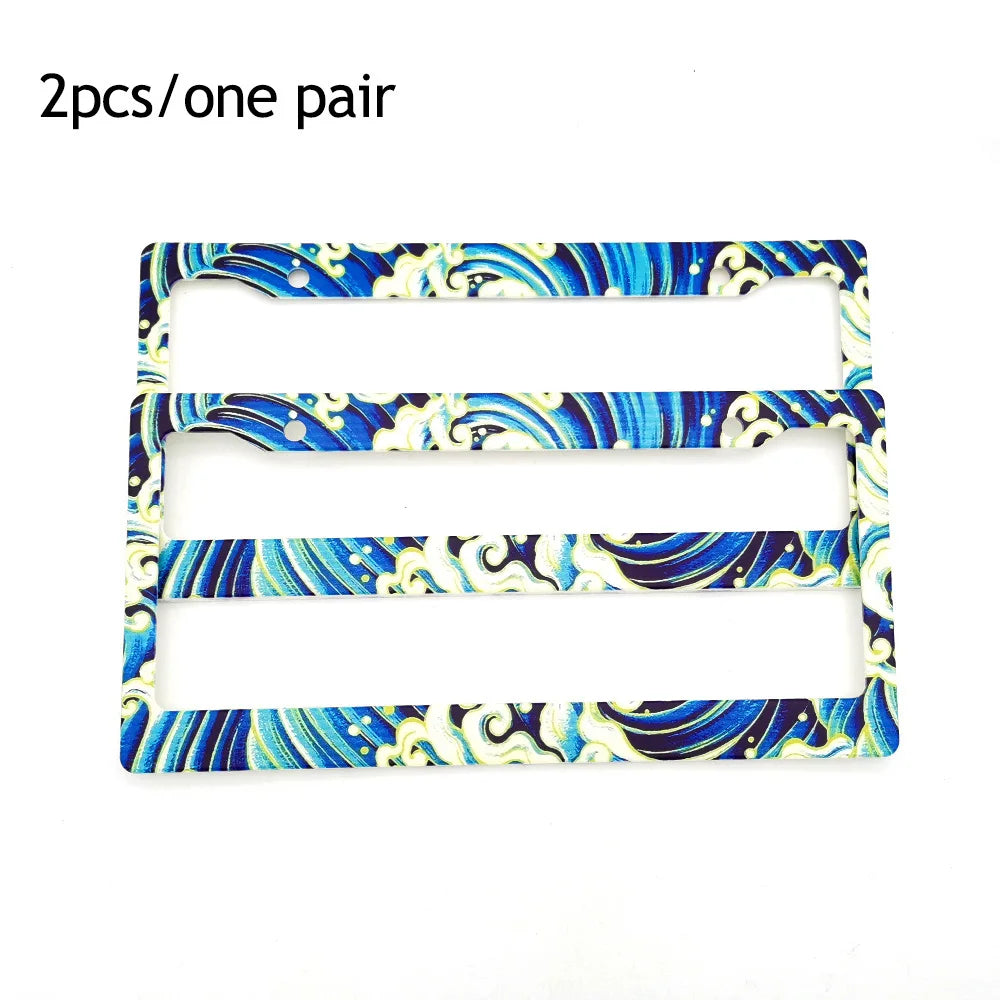 A pair of racing style license plate frames featuring a blue and white swirling wave design.