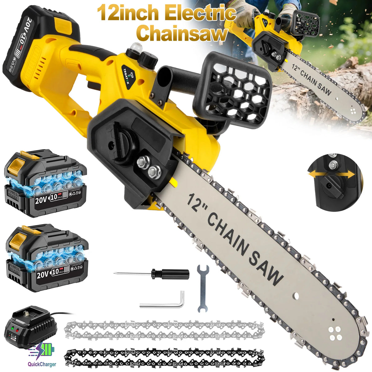 Yellow cordless electric chainsaw with a 12 inch chain saw blade and two batteries and accessories