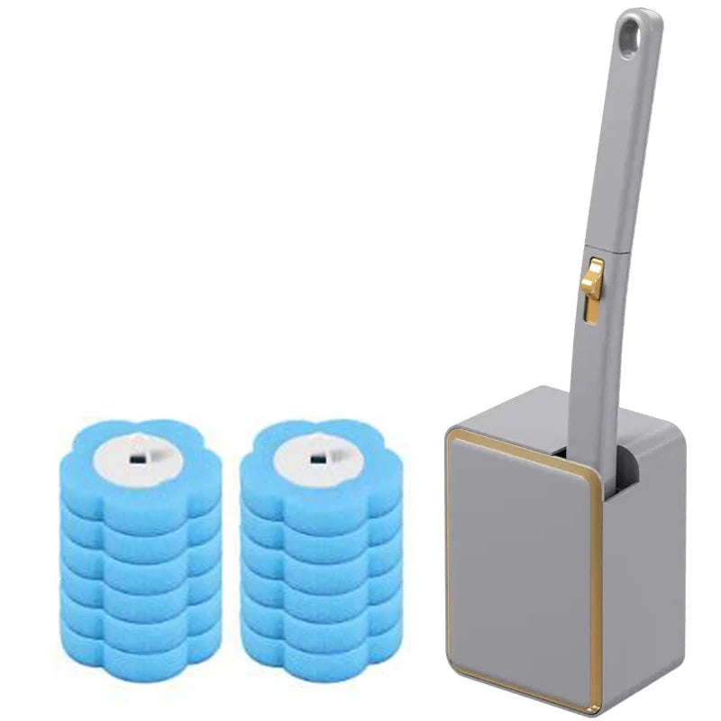 A set of wall-mounted disposable toilet brush heads with blue silicone bristles and a gray holder.