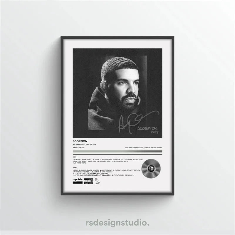 Black and white portrait of Drake in a hoodie framed in a black picture frame.