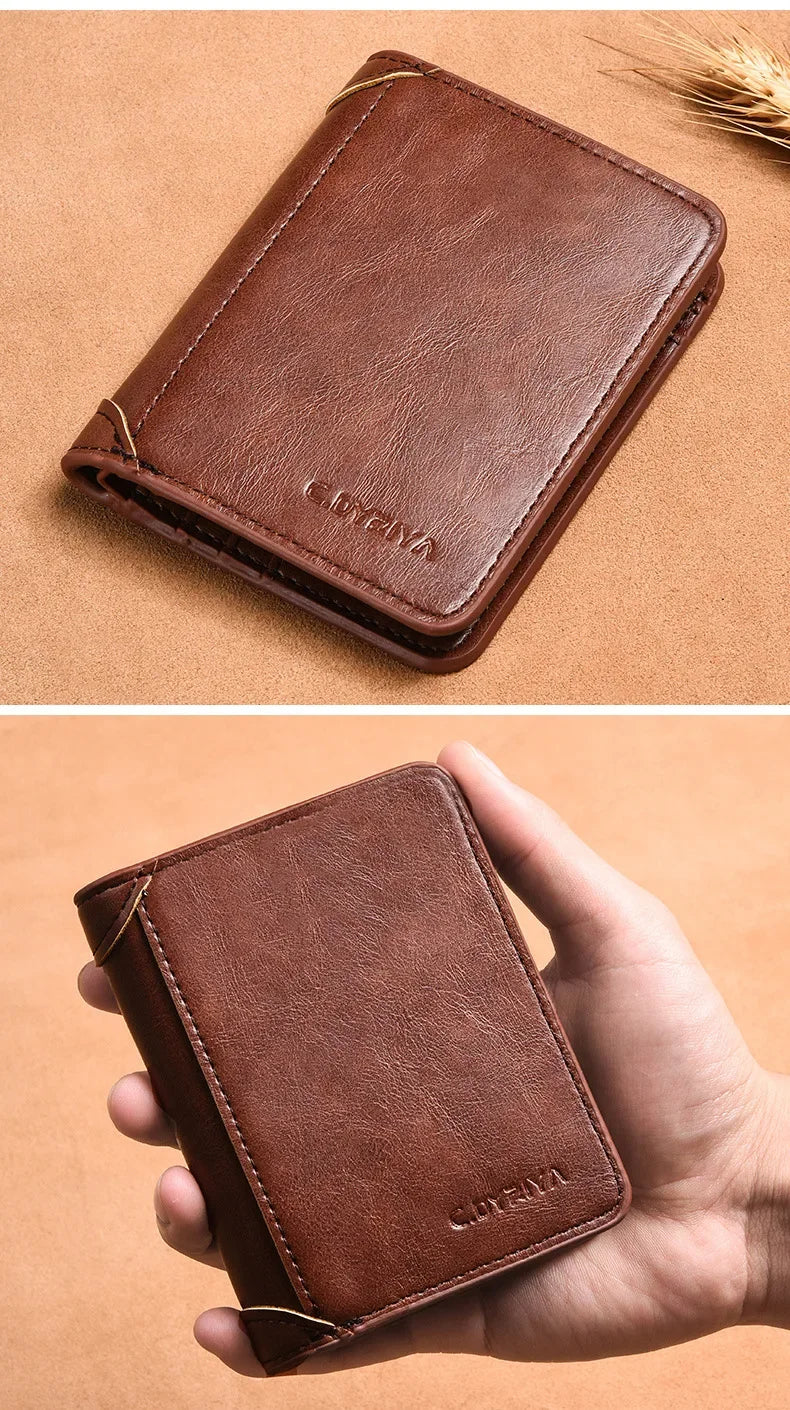 A brown slim PU leather card holder wallet being held in a hand on a tan background.